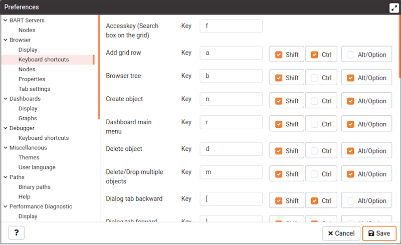 Preferences dialog - Browser keyboard Shortcuts section