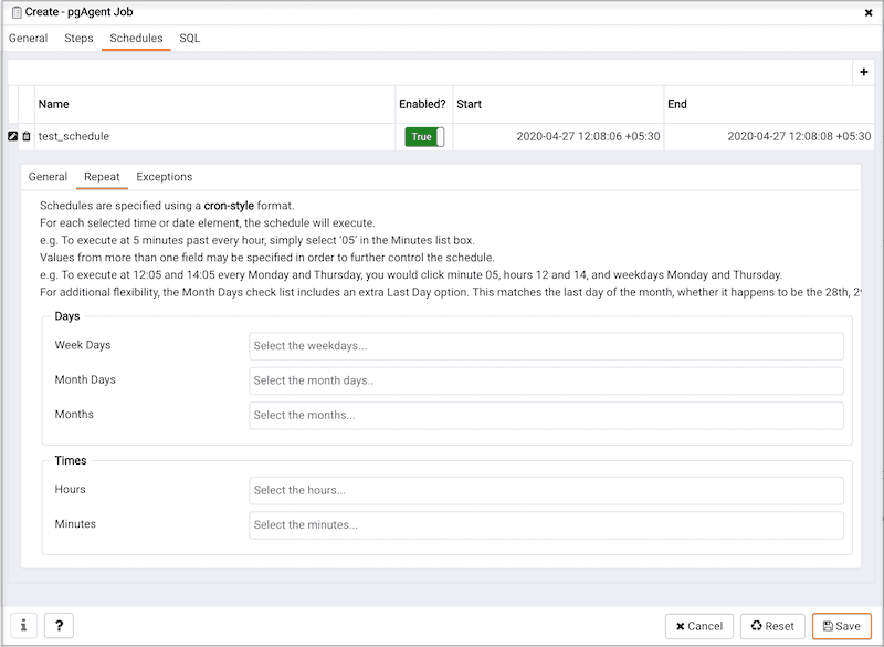 Create pgAgent Job dialog - Schedules tab - Repeat tab